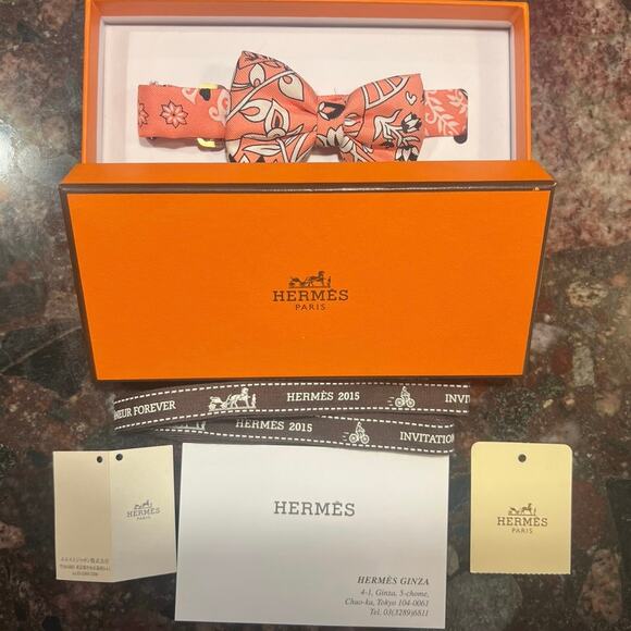 HERMES Noeud Papillon FLEURS ET PAPILLONS DE TISSU Rose Malabar tie silk - Picture 1 of 9